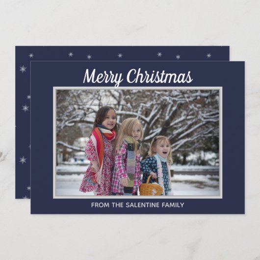 メリークリスマススノーフレークNavy Blueフォトフレーム シーズンカード (正面/裏面)