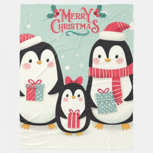 メリークリスマススノーペンギン フリースブランケット (正面)
