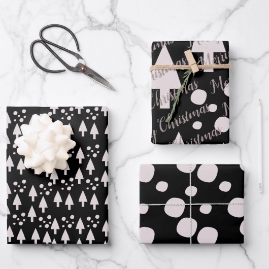 メリークリスマススノーボールツリーブラックピンクパターン ラッピングペーパーシート (正面)