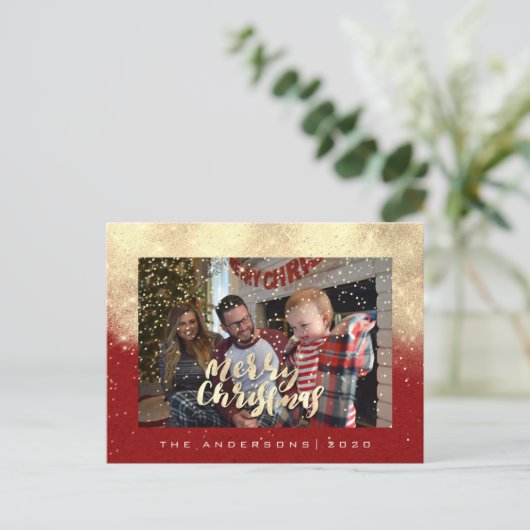メリークリスマススノーレッド金ゴールドフォトグリッタースパーク ポストカード (スタンド正面)