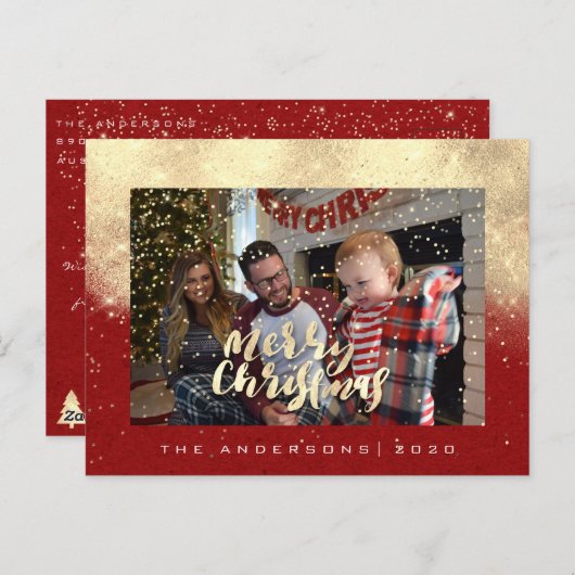 メリークリスマススノーレッド金ゴールドフォトグリッタースパーク ポストカード (正面/裏面)
