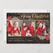 メリークリスマススノー金ゴールドオンウッド3フォトコラージュ シーズンカード (正面)
