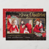 メリークリスマススノー金ゴールドオンウッド3フォトコラージュ シーズンカード (正面/裏面)