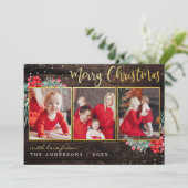 メリークリスマススノー金ゴールドオンウッド3フォトコラージュ シーズンカード (スタンド正面)