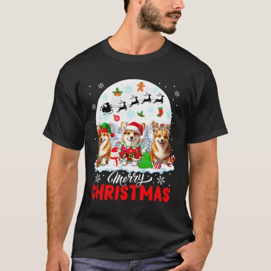 メリークリスマススリーサンタ小妖精や小人トナディアコーギスロー Tシャツ (正面)