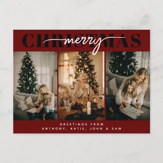 メリークリスマススリーファミリーフォトタイポグラフィ シーズンポストカード (正面)