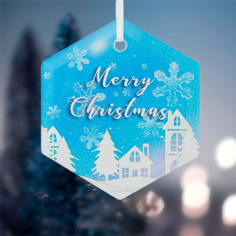 メリークリスマスズブルーホワイトハウススノー ガラスオーナメント