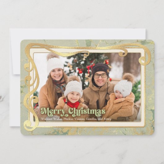 メリークリスマスセージグリーン&金ゴールドフォトカード シーズンカード (正面)