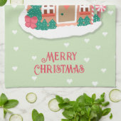 メリークリスマスセージピンクスノーイガーブレッドハウス キッチンタオル (折り畳み)