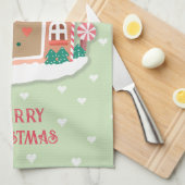 メリークリスマスセージピンクスノーイガーブレッドハウス キッチンタオル (四つ折り)