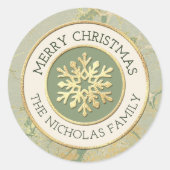 メリークリスマスセージ緑と金ゴールドスノーフレーク名 ラウンドシール (正面)