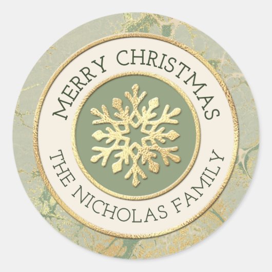 メリークリスマスセージ緑と金ゴールドスノーフレーク名 ラウンドシール (正面)