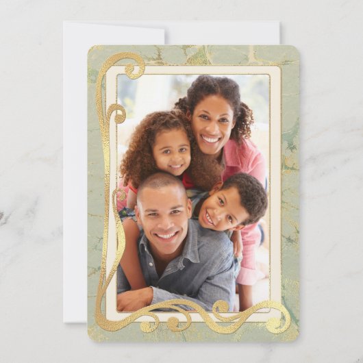 メリークリスマスセージ緑と金ゴールドフォトカード シーズンカード (裏面)