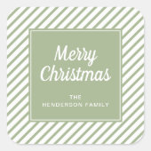 メリークリスマスセージ緑の白ストライプ色 スクエアシール (正面)