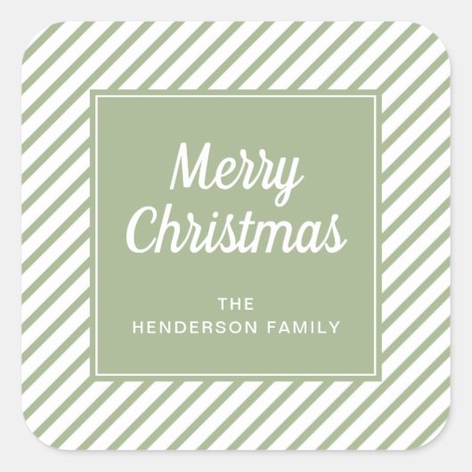メリークリスマスセージ緑の白ストライプ色 スクエアシール (正面)