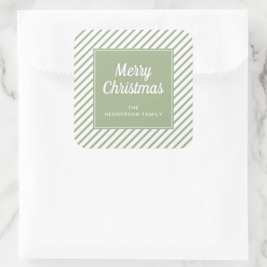 メリークリスマスセージ緑の白ストライプ色 スクエアシール (バッグ)