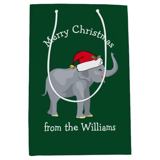 メリークリスマスゾウかわいいグリーンパーソナライズされた ミディアムペーパーバッグ (正面)