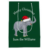 メリークリスマスゾウかわいいグリーンパーソナライズされた ミディアムペーパーバッグ (裏面)