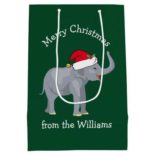 メリークリスマスゾウかわいいグリーンパーソナライズされた ミディアムペーパーバッグ (裏面)