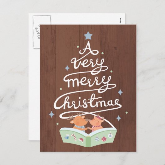 メリークリスマスタイポグラフィかわいいトナカイ葉書 シーズンポストカード (正面/裏面)