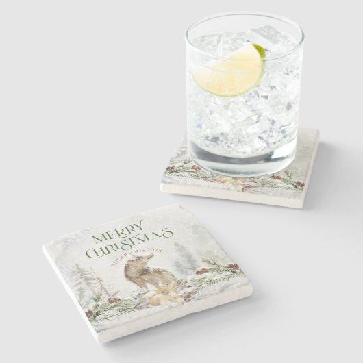 メリークリスマスタイポグラフィとオオカミの花 ストーンコースター (横)