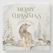 メリークリスマスタイポグラフィとオオカミの花 ストーンコースター (正面)