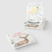 メリークリスマスタイポグラフィとクリスマスディアー ストーンコースター (横)