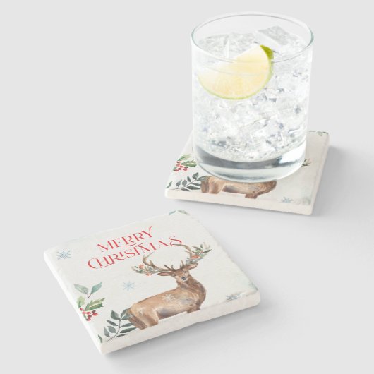 メリークリスマスタイポグラフィとクリスマスディアー ストーンコースター (横)