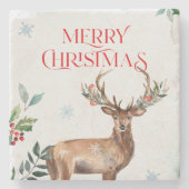 メリークリスマスタイポグラフィとクリスマスディアー ストーンコースター (正面)