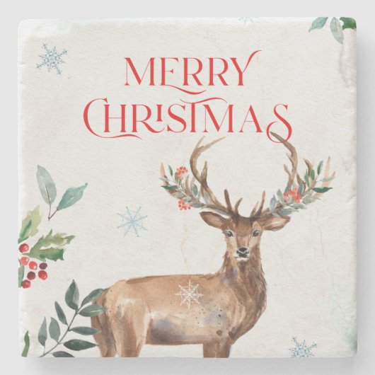 メリークリスマスタイポグラフィとクリスマスディアー ストーンコースター (正面)