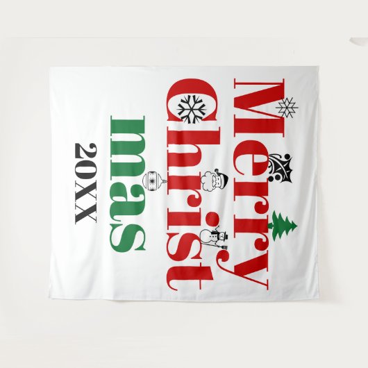 メリークリスマスタイポグラフィとヴィンテージ要素 タペストリー (正面(横))