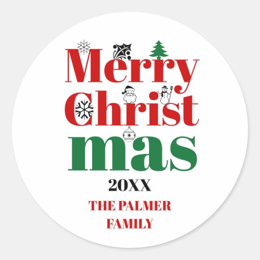 メリークリスマスタイポグラフィとヴィンテージ要素 ラウンドシール (正面)