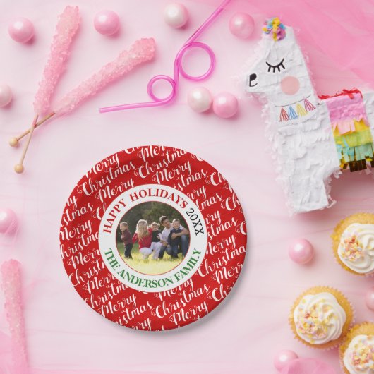 メリークリスマスタイポグラフィと写真の休日 ペーパープレート (パーティー)