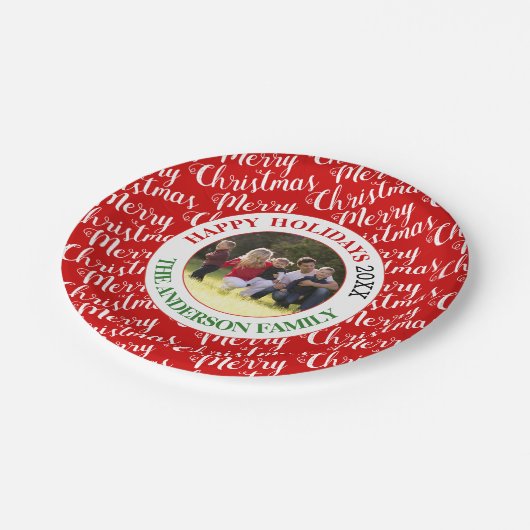 メリークリスマスタイポグラフィと写真の休日 ペーパープレート (アングル)