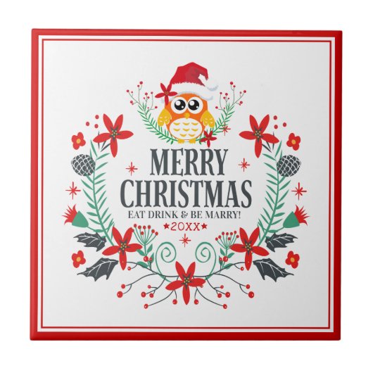 メリークリスマスタイポグラフィクリスマスフクロウリース タイル (正面)