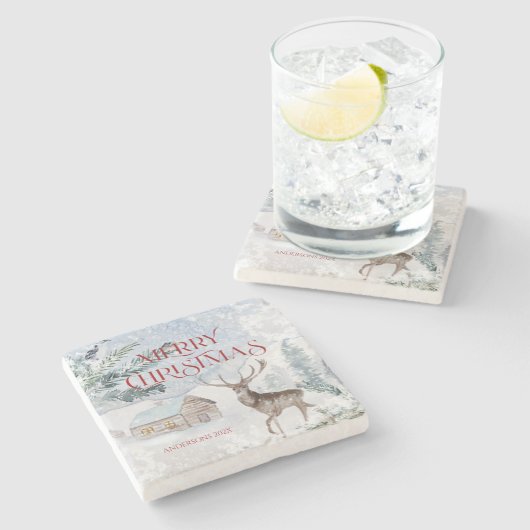 メリークリスマスタイポグラフィクリスマス鹿 ストーンコースター (横)