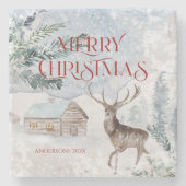メリークリスマスタイポグラフィクリスマス鹿 ストーンコースター (正面)