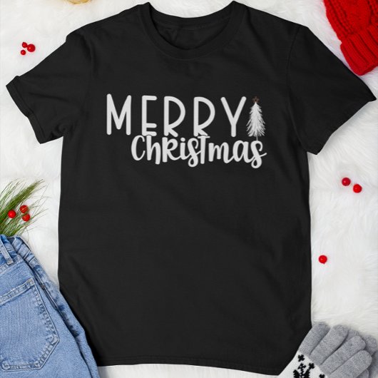 メリークリスマスタイポグラフィスクリプトクリスマスツリー Tシャツ