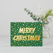 メリークリスマスタイポグラフィスターズグリーンモダンシック 箔シーズンポストカード (立ち正面)