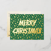 メリークリスマスタイポグラフィスターズグリーンモダンシック 箔シーズンポストカード (正面/裏面)