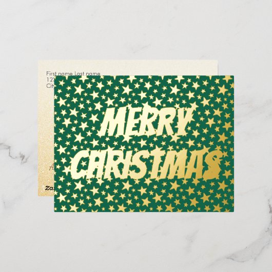 メリークリスマスタイポグラフィスターズグリーンモダンシック 箔シーズンポストカード (正面/裏面)