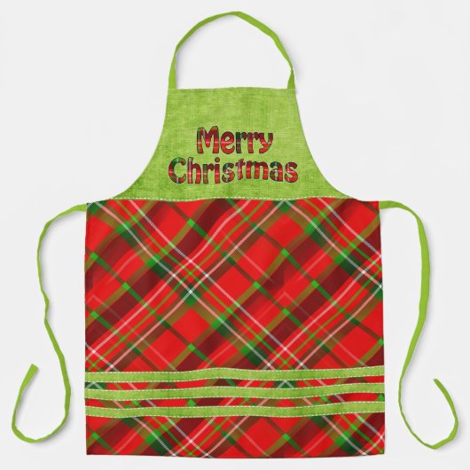 メリークリスマスタイポグラフィタータンチェックレッドグリーンプレイド エプロン (正面)