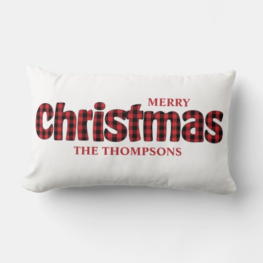 メリークリスマスタイポグラフィパーソナライズされたプレイド ランバークッション (正面)
