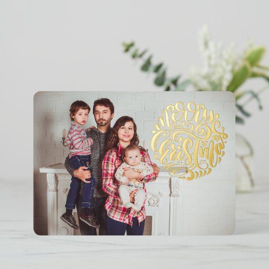 メリークリスマスタイポグラフィフォトカード 箔シーズンカード (立ち正面)