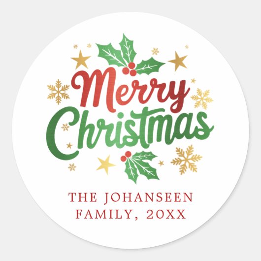 メリークリスマスタイポグラフィホリーベリーファミリー ラウンドシール (正面)