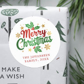 メリークリスマスタイポグラフィホリーベリーファミリー ラウンドシール