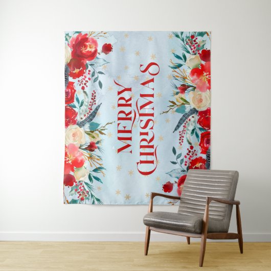 メリークリスマスタイポグラフィボホ縁ど花 タペストリー (インサイチュ)