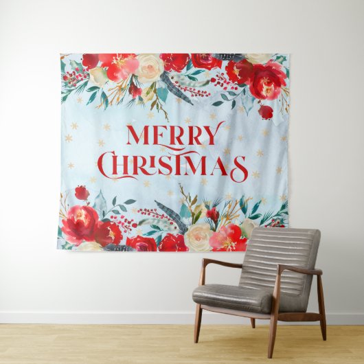 メリークリスマスタイポグラフィボホ縁ど花 タペストリー (インサイチュ(横))
