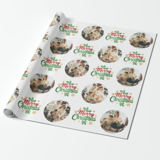 メリークリスマスタイポグラフィモダンの写真パターン ラッピングペーパー (アンロールド)