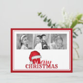 メリークリスマスタイポグラフィ伝統的サンタハット シーズンカード (スタンド正面)